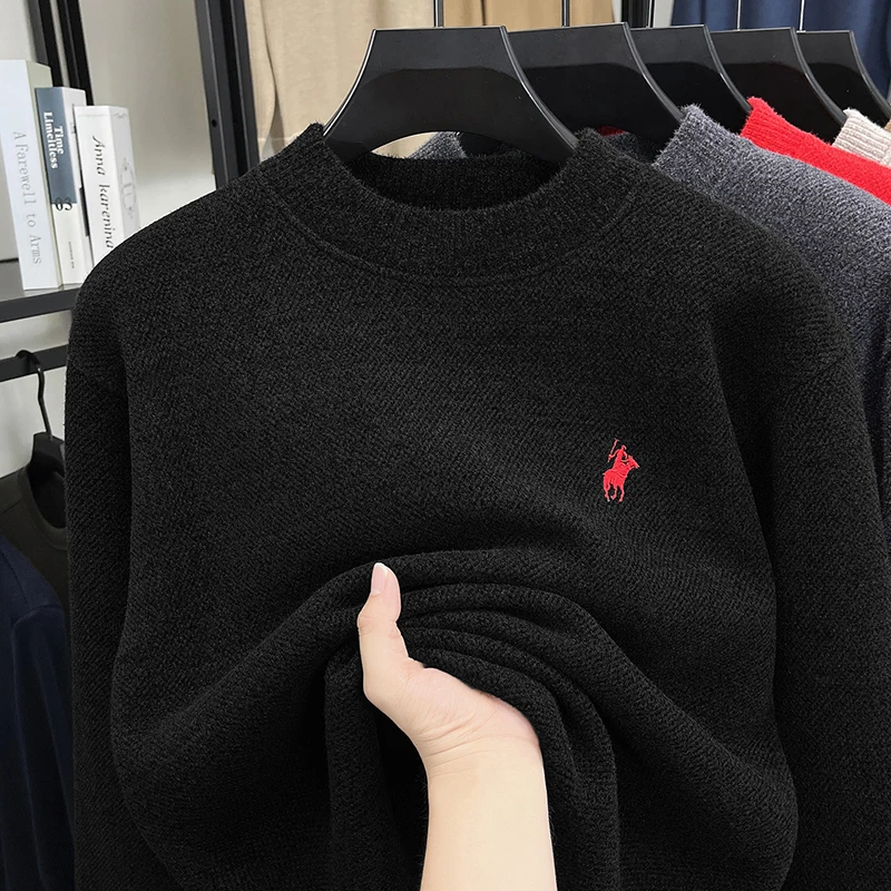 

New Mink Fur Sweater for Men with Thickened Fur, Semi High Neck, Warm Winter Clothing, One-piece Fleece Base Wool Sweater