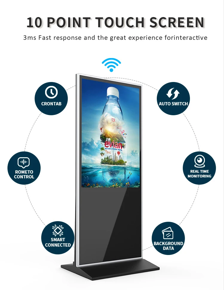 Quiosque de chão com sinalização digital e display Wi-Fi, tela LCD sensível ao toque, totem de 32 polegadas para publicidade interna.