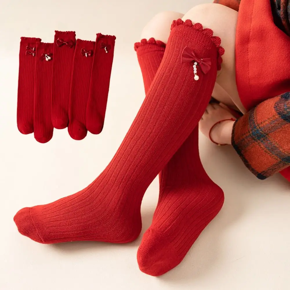 

Sweet Red Children's Bow Stockings Princess Cotton New Year Knee Socks Lolitas JK Christmas Middle Tube Socks Kids