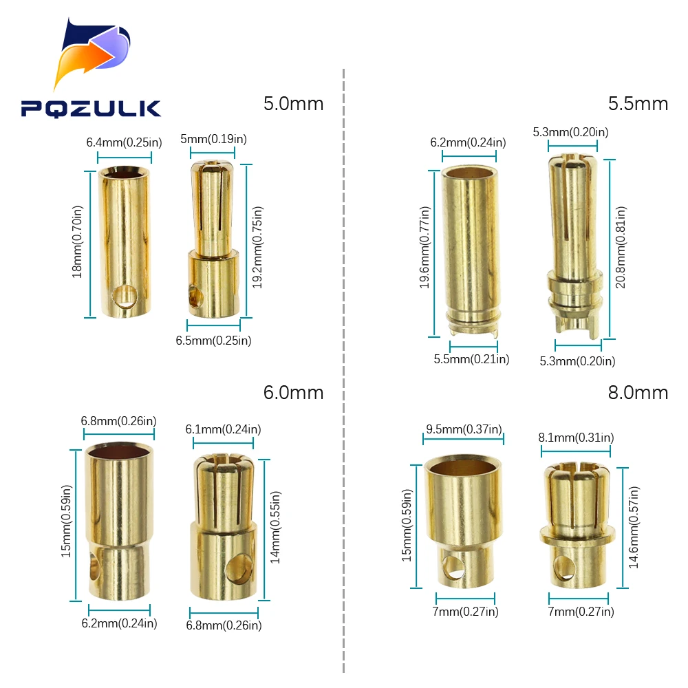 2mm 3mm 3.5mm 4mm 5mm Bullet Banana Plug Gold-Plated Banana Male Female Connector Battery Plugs Kits for RC Battery Parts DIY