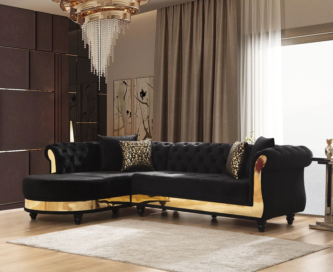 #Gold Detailed Tufted Velvet Convertible Sectional Set With L-Shape Design For Living Room In Black