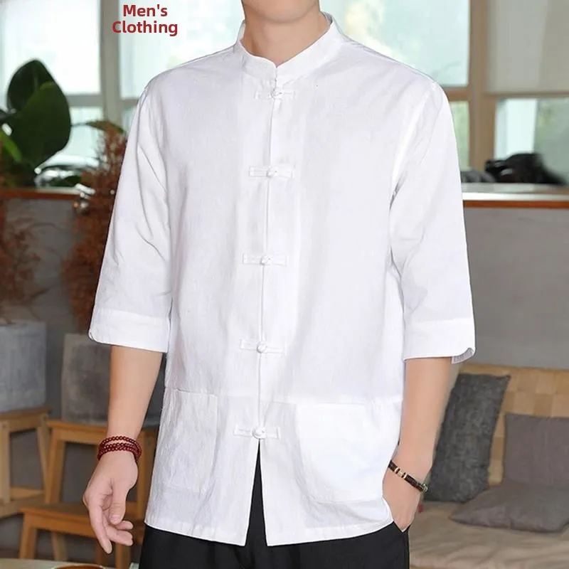 

Мужской хлопковый льняной костюм ort Sve irt, винтажный китайский костюм Sle Tang Seven-Quarter Sve, летний топ, мужская мода среднего возраста