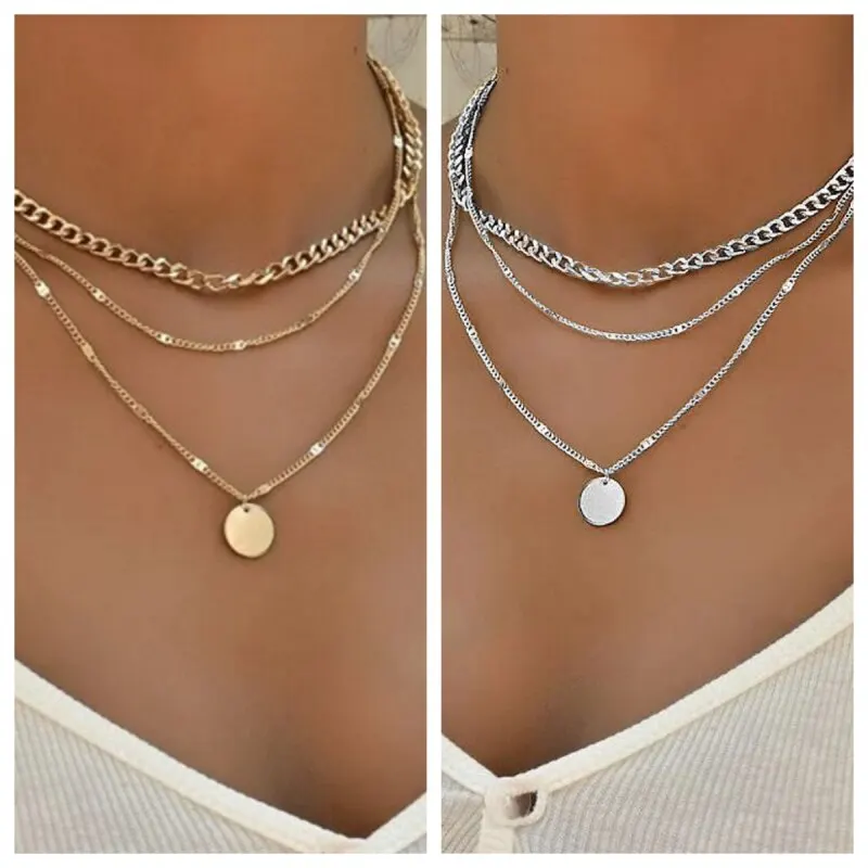 2PCS Necklace Gold-color Plus Silver-plated Women Cool Style Dots Multi Layers Chain Combo Jewelry