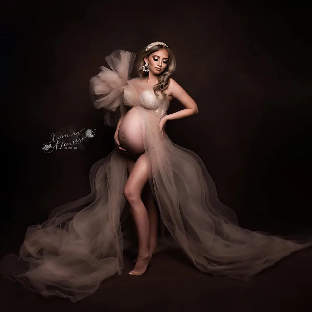 Boho Maternity Photoshoot Dress For Studio Sheer Tulle Single Shoulder Flowy Gown Pregnancy Dress Photography Props Baby Shower