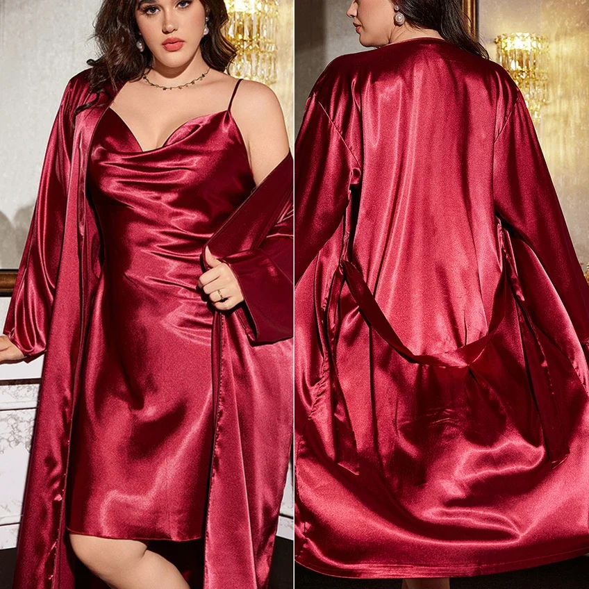 

Burgundy Wedding Robe Dress Plus Size Satin Sleepwear Nightgown Two Piece Set Loose Casual Long Bathrobe Homewear 3XL 4XL 5XL