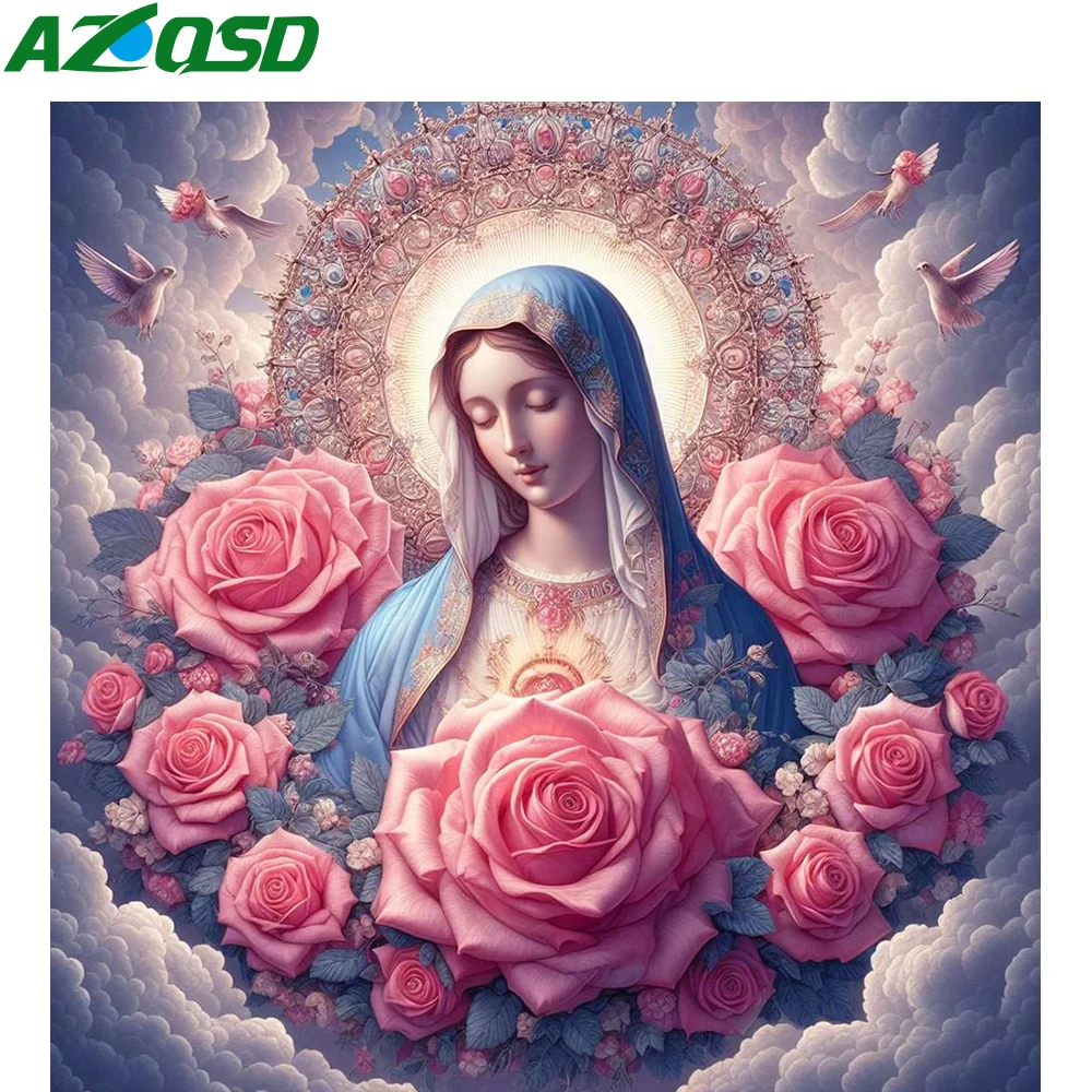 AZQSD Full Drill Diamond Painting Religious Icon Cross Stitch Embroidery Virgin Mary Rose Flower Mosaic Needlework Home Decor