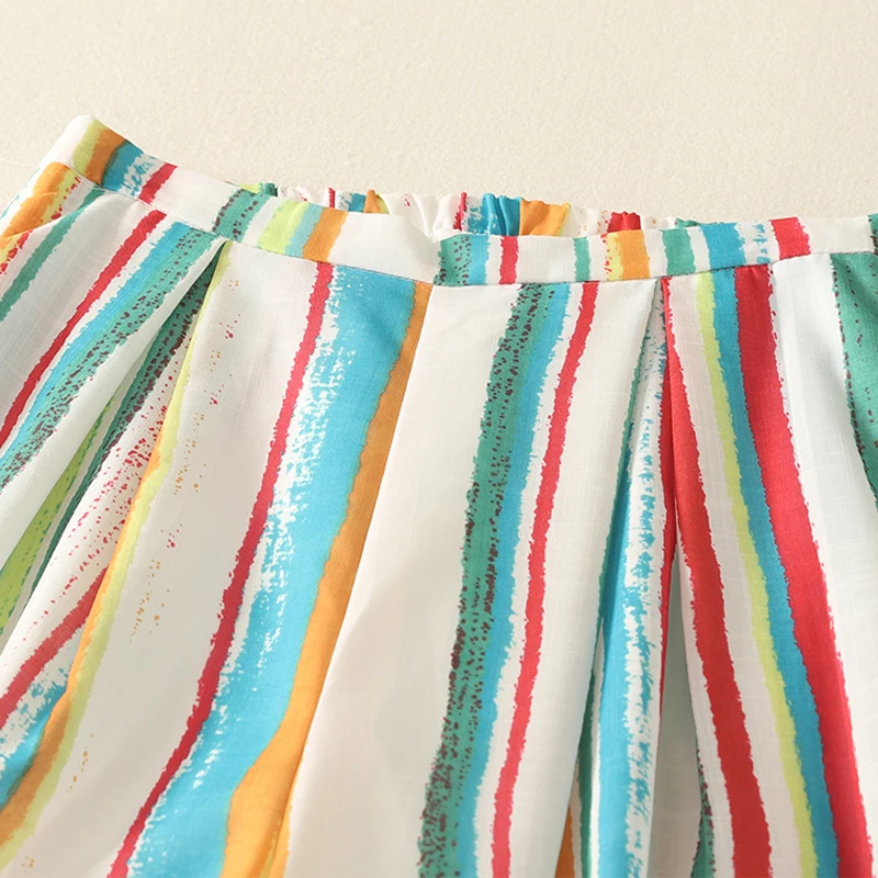 ハイウエストワイドレッグパンツ女性夏ボヘミアン長ズボンカラフルなストライプ痩身怠惰なスタイルビーチパンツ綿ブレンド