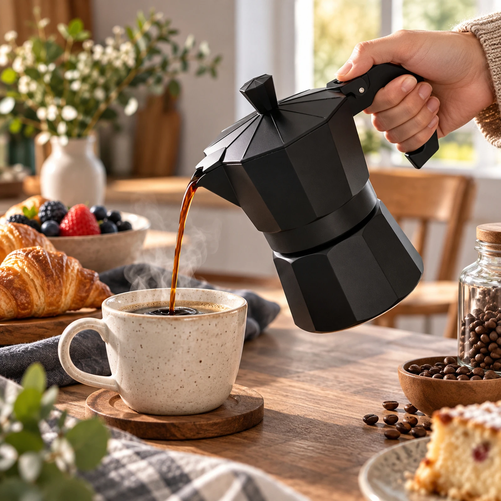 Cafetera Italiana de Aluminio en Color Negro para Espresso Tradicional, Moka Pot Clásica con Mango Ergonómico para Cocina y Camping, Disponible en Tamaños de 15.5 cm y 19 cm