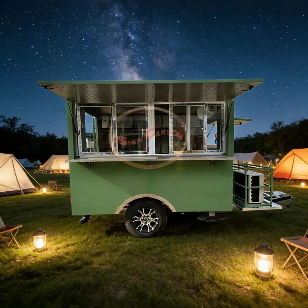 

Customizable Durable FRP Food Truck Trailer Mobile Kitchen Cart with Service Window And Storage for Events And Festivals