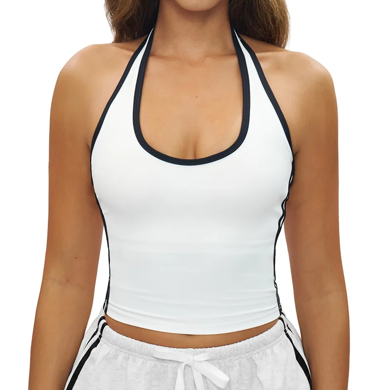 Backless Halter Yoga Vest Quick Dry 2026 Contrast Color Gym Outdoor Sports Top Bordered Shockproof Workout Fitness Running Vest
