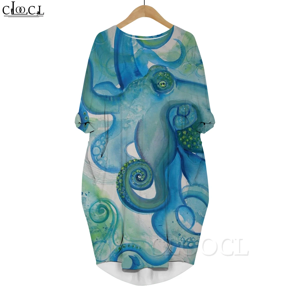 CLOOCL Autumn 2022 Long Sleeve Dress Octopus Ink Painting Pattern 3D Print Loose Dress with Pocket Female Casual Clothing