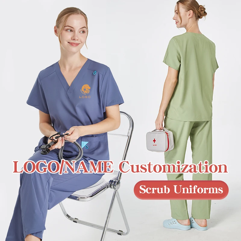 

Solid Color Nursing Scrubs Women Medical Uniforms Quick Dry Pet Clinic Nursing Sets V-neck Doctor Working Clothes on Sale S12