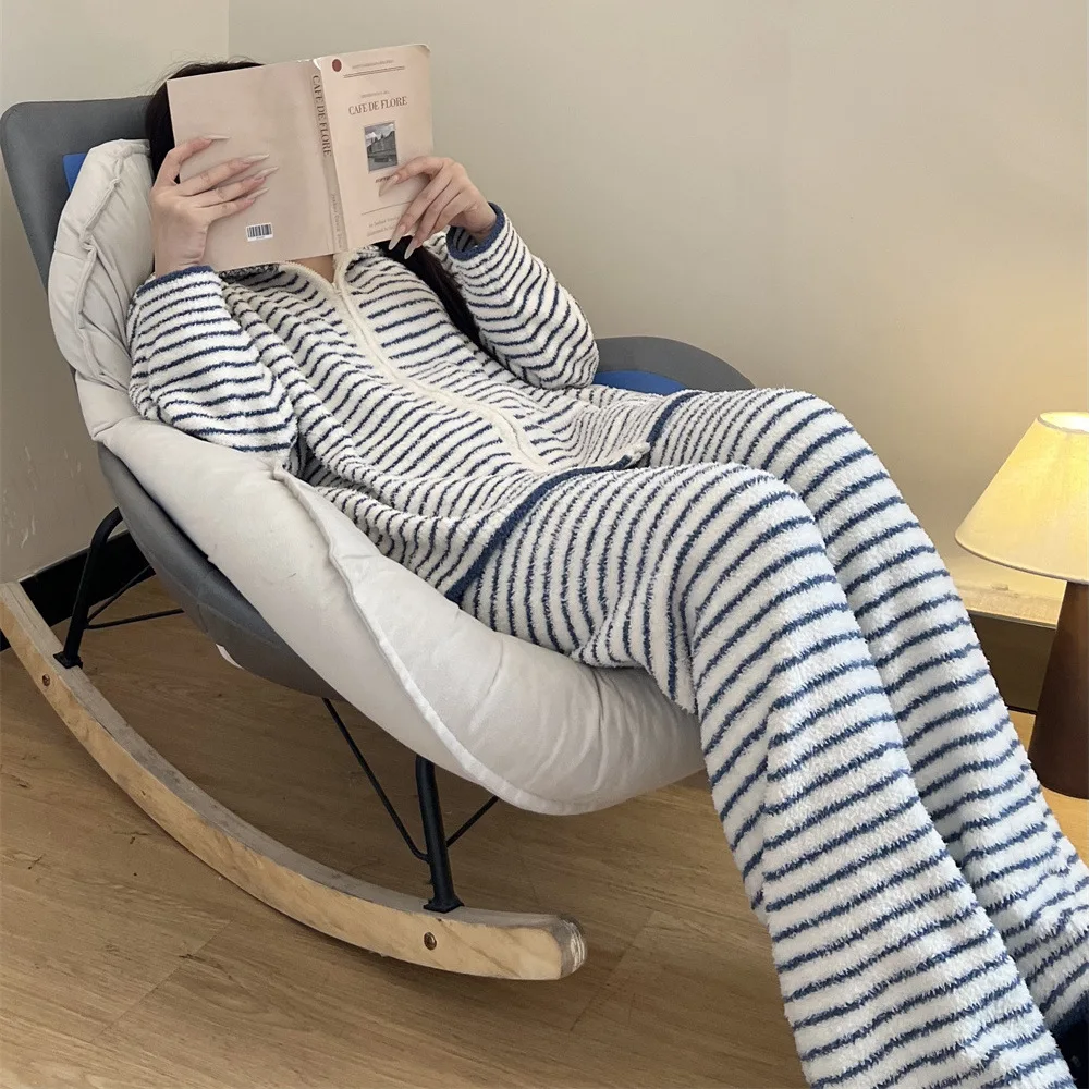 

Классический полосатый пижамный комплект для женщин 2026, зимняя толстая теплая флисовая одежда для сна, мягкая плюшевая одежда на молнии для дома, спортивная домашняя одежда