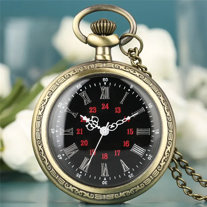 

Old Fashion Roman Number Pocket Watch Red Arabic Number Dial Quartz Movement Timepiece with Necklace Sweater Chain Retro Gift