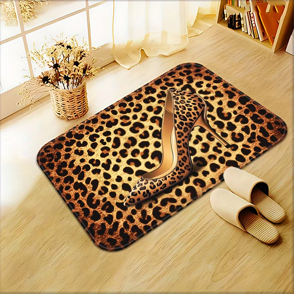 Glamorous Leopard Print High Heel Shoe Doormat Mat Rug for Entrance Hallway Decor Fashion Accessory Polyester Indoor Luxury Mat
