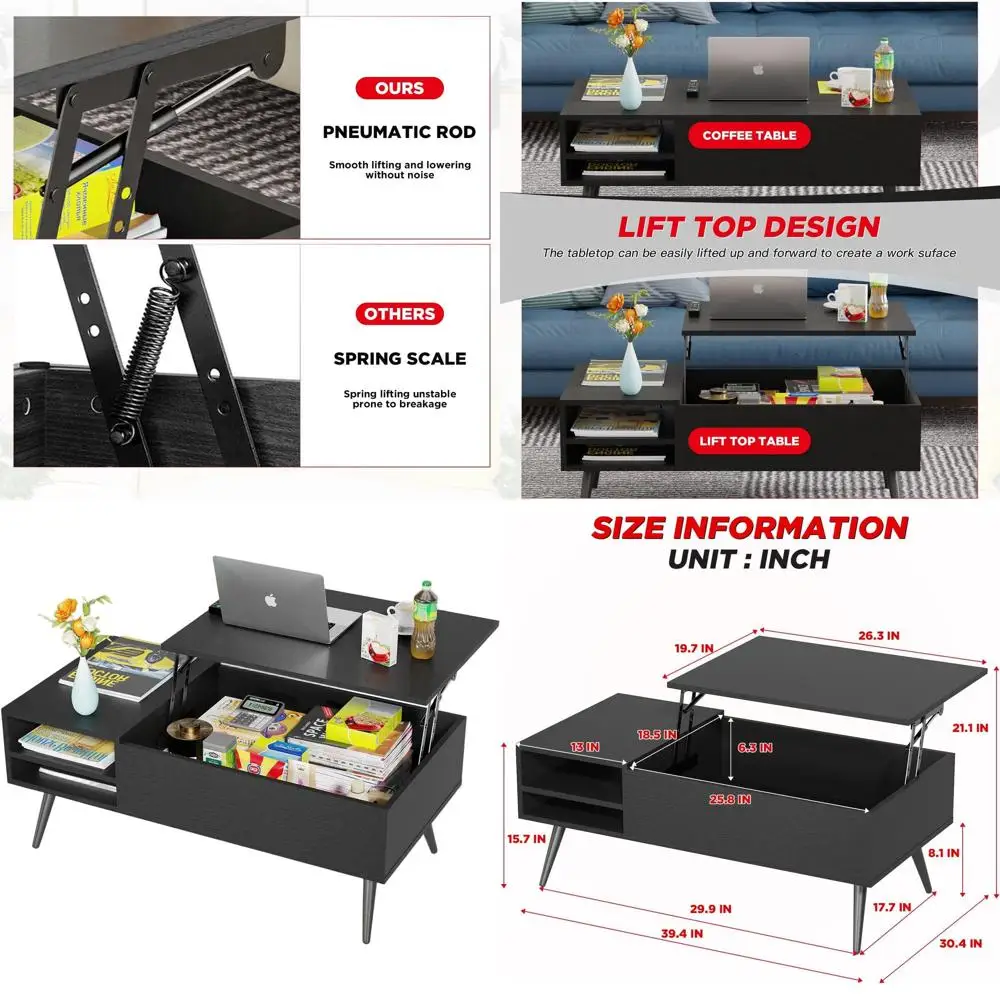 

Compact Wooden Lift-Top Coffee Table with Storage and Hidden Compartment for Living Room and Home Office in Black