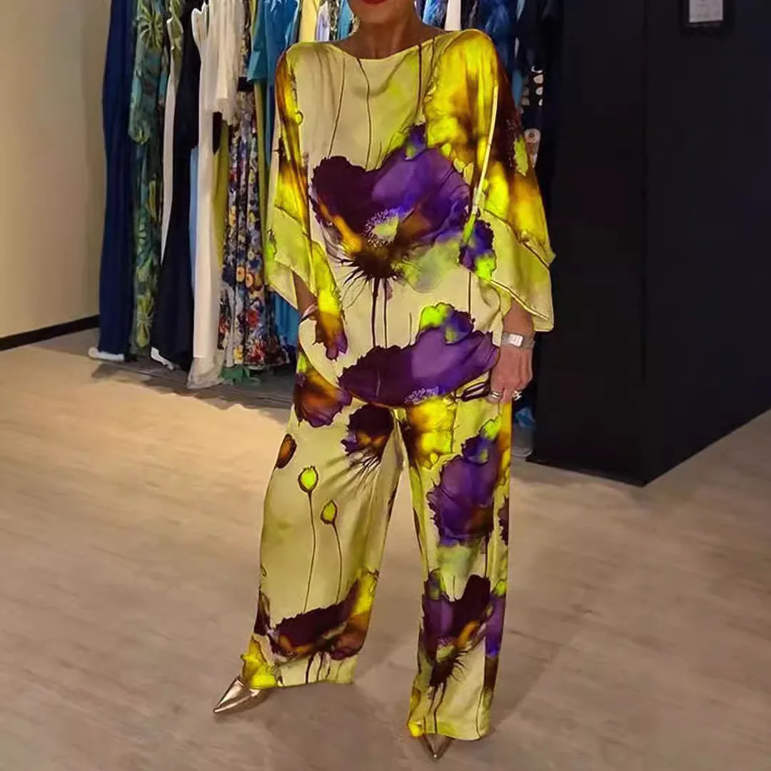 

Новые ансамбли, осенние брюки с длинными рукавами и принтом, свободные уличные повседневные комплекты брюк с круглым вырезом и широкими штанинами, женские элегантные наряды