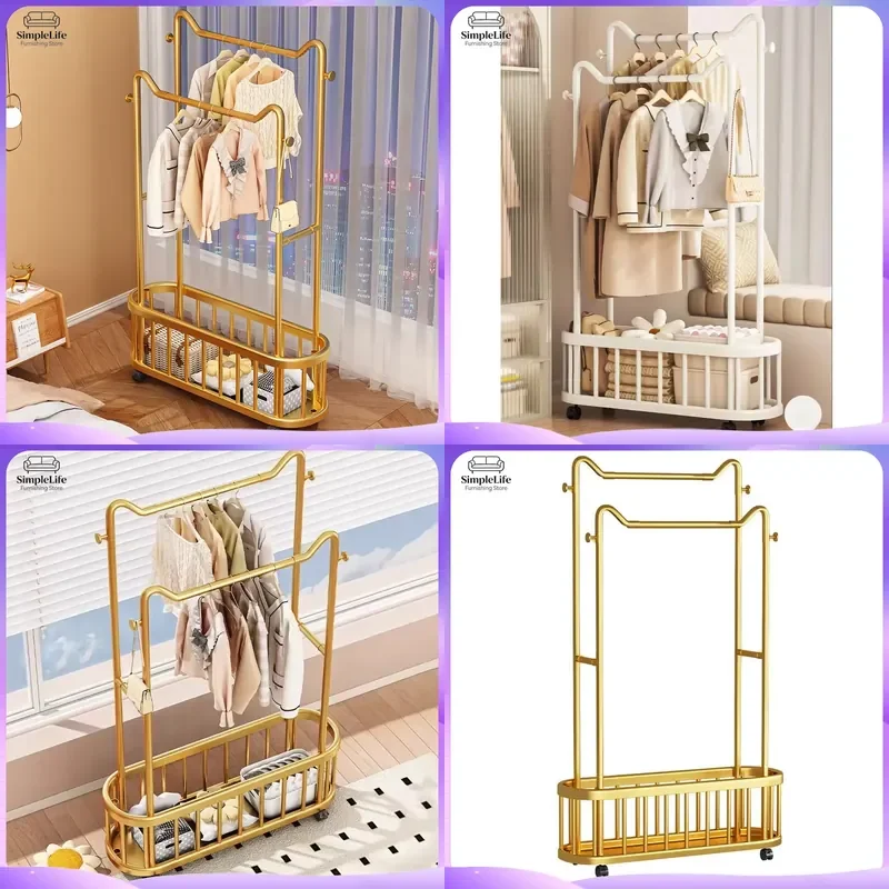 Metal Coat Rack Stand Double Rod Clothes Hanger Organizer for Bedroom Living Room Balcony Heavy Duty Garment Rack Storage