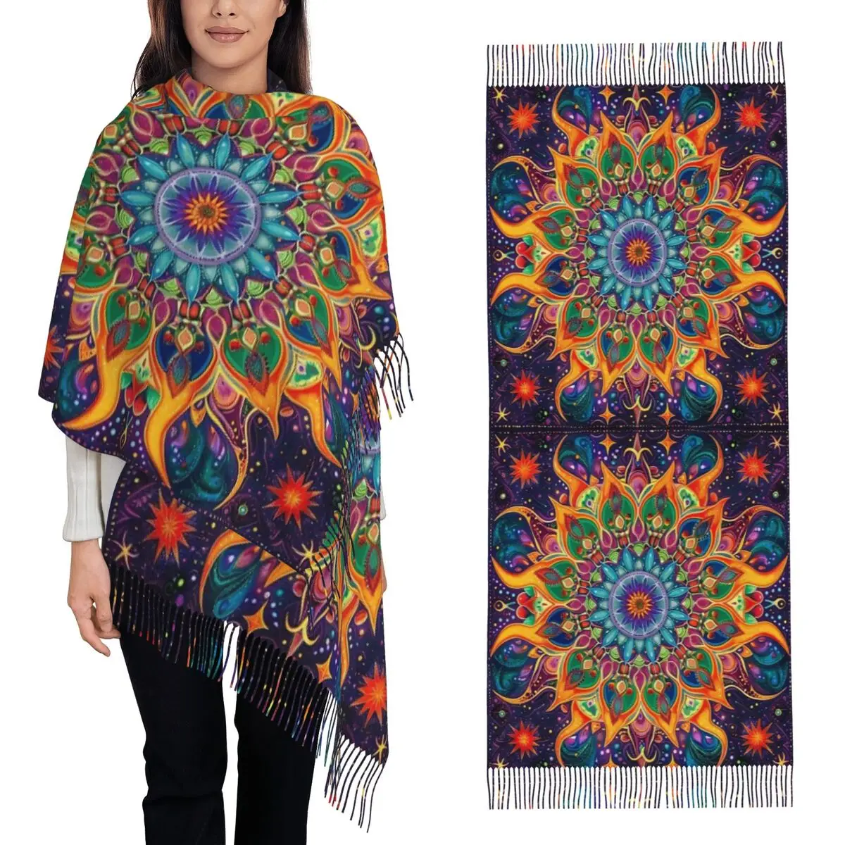 

Психоделический летний цветной шарф с принтом мандалы, шарфы с кисточками, женские мягкие теплые шали и накидки, длинная осенне-зимняя шаль