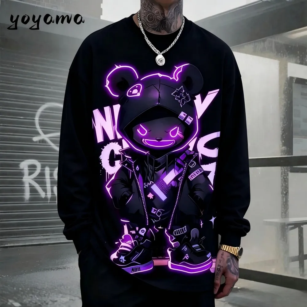 Men's autumn skateboarding teddy bear letter print micro elastic comfortable round neck long sleeved T-shirt outdoor casual top view 5