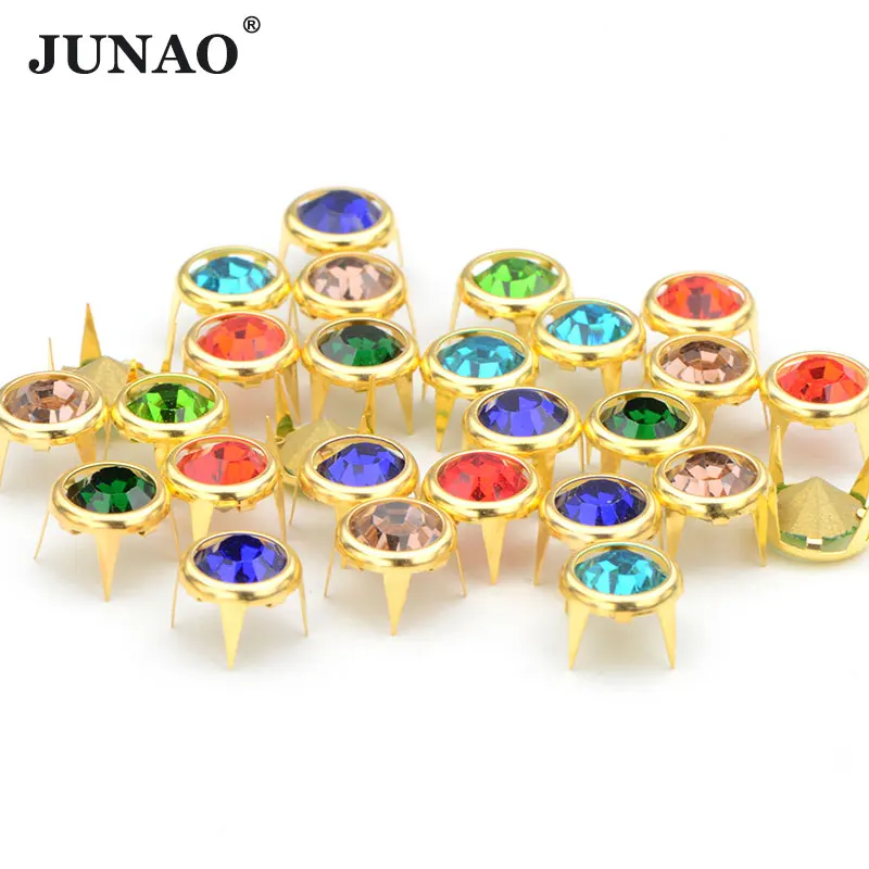 JUNAO 10mm 50pcs Mix Color Rhinestone Rivet Gold Brass Studs Metal Spikes Decoration Rivet For Leather Clothes Shoes DIY Crafts