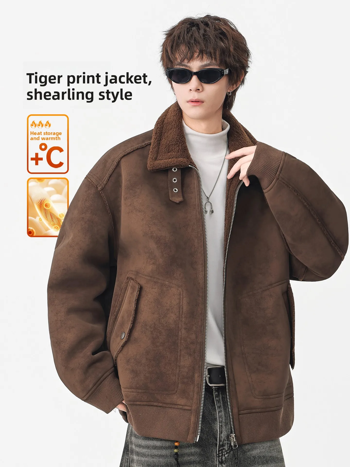 

Men's Winter Thiened Warm Lamb Velvet Jaet Coat Inteated Leather Fur Collar Stand American Sle Outerwear Coat