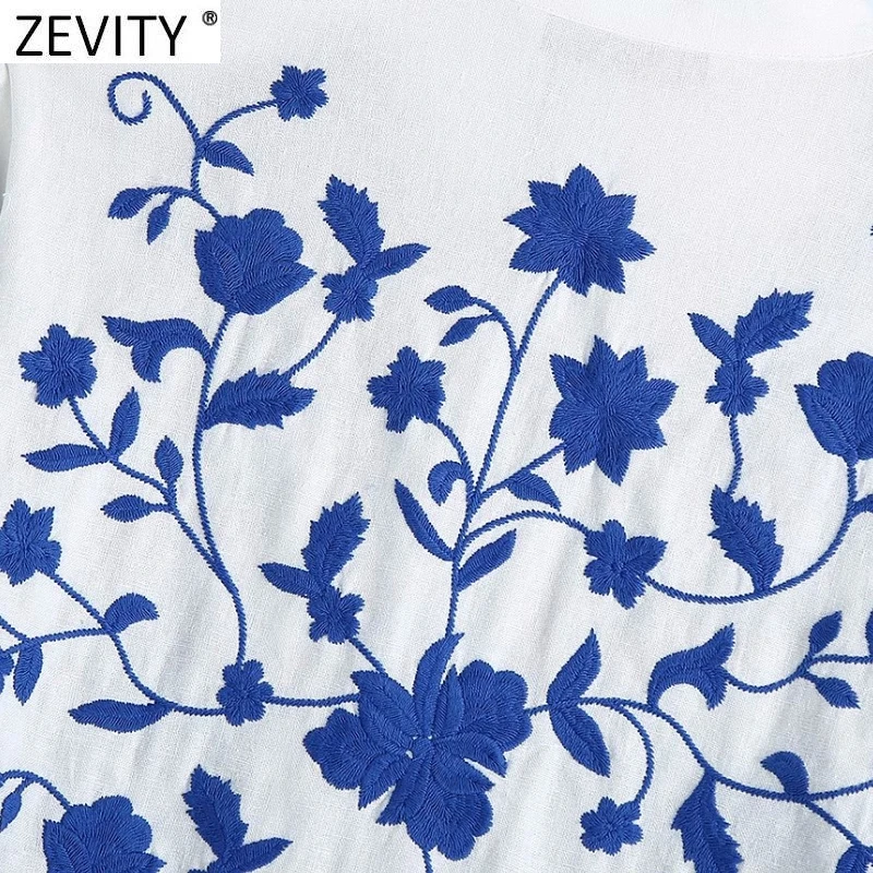 Zevity Women Vintage V Neck Blue and White Porcelain Embroidery Shirts Female Long Sleeve Kimono Blouse Roupas Chic Tops LS9193