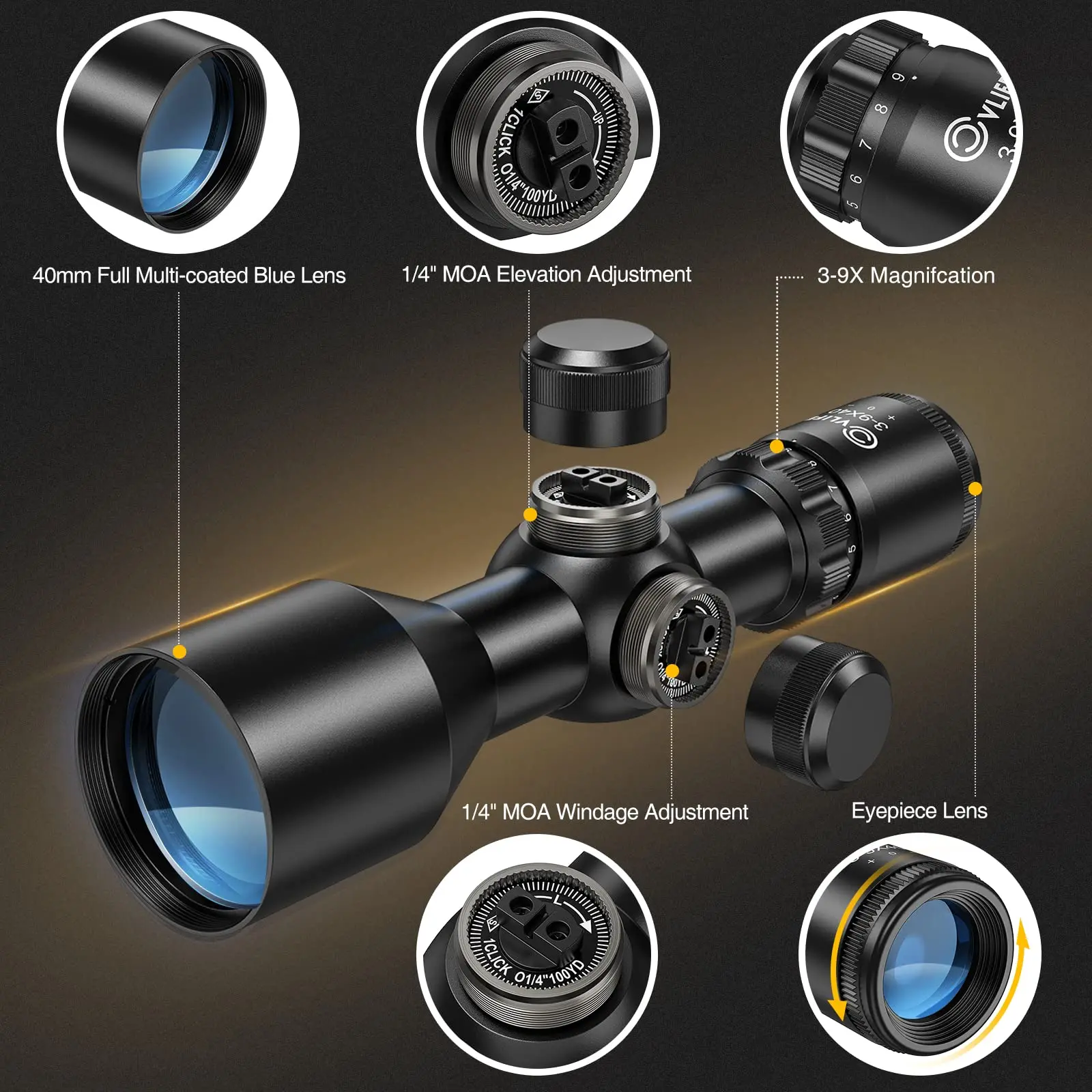 CVLIFE 3-9x40 Mil-dot Reticle Rifle Scope Crosshair Reticle with Mounts for Quick Aiming 20mm Picatinny