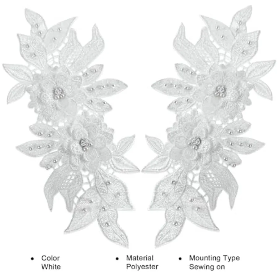 2 Pieces 3D Lace Beads Flower Embroidered Patches Pair of Sequin Lace Sewing On Appliques for Wedding Dress Collar Decor DIY Cr view 6