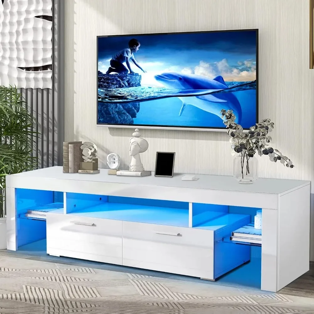 

LED TV Stand with Storage Lights for 55/65/70/75 inch TV, TV Console Table with High Glossy Entertainment Center for Gaming