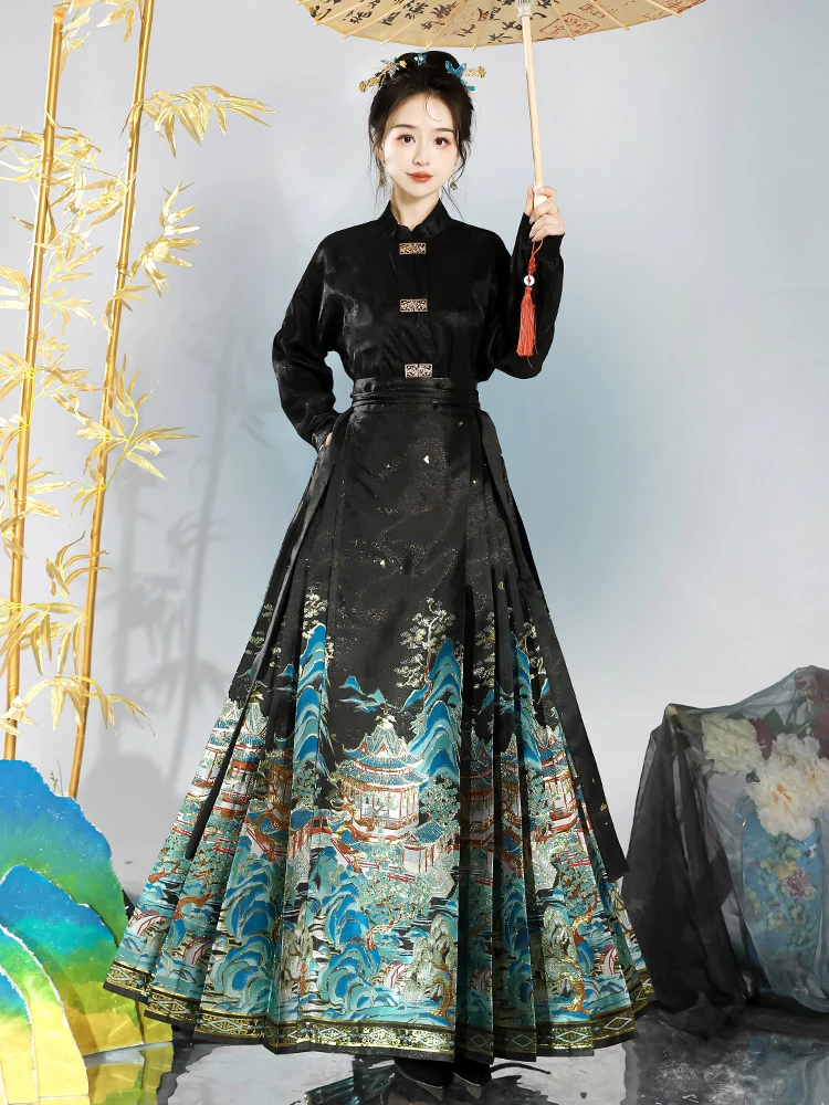 

HuaenJi Women's Hanfu Set Floral Embroidered Gold Embroidery Imitation eup National Sle Bal Skirt Summer 2024