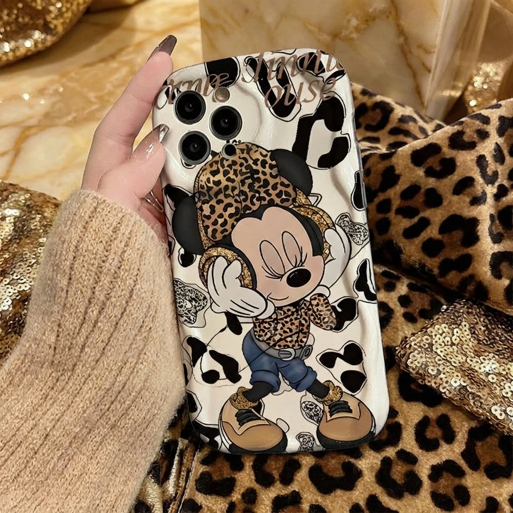 

Мягкий чехол для телефона с рисунком Микки Мауса, совместимый с iPhone 17 Pro Max, 16, 15, 14, новый дизайн, защитный чехол с кремовым леопардовым принтом