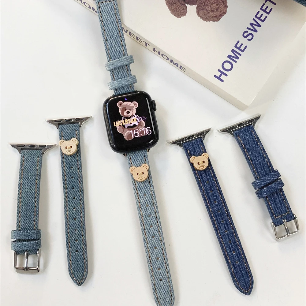 Denim Leather Slim Watchbands for iWatch Series Ultra 9 8 7 5 4 3 Cute Bear Button Strap for Apple Watch 49 45 38 42 41 40 44mm