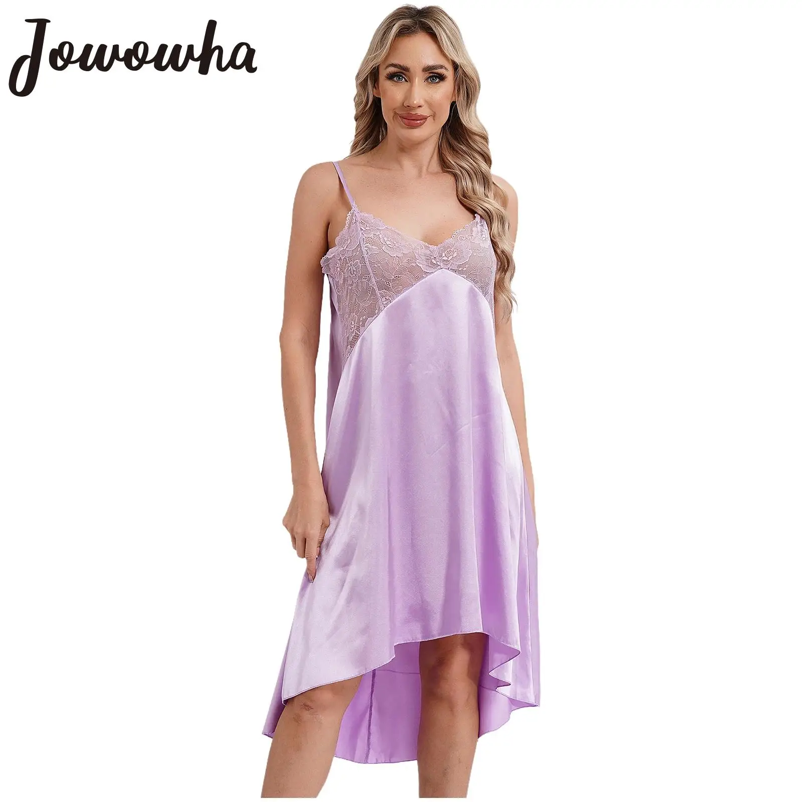 Womens Sheer Lace Satin Nightdress Nightgowns Adjustable Spaghetti Straps V Neck Sleep Dress Sexy Chemise Nightwear Sleepwear