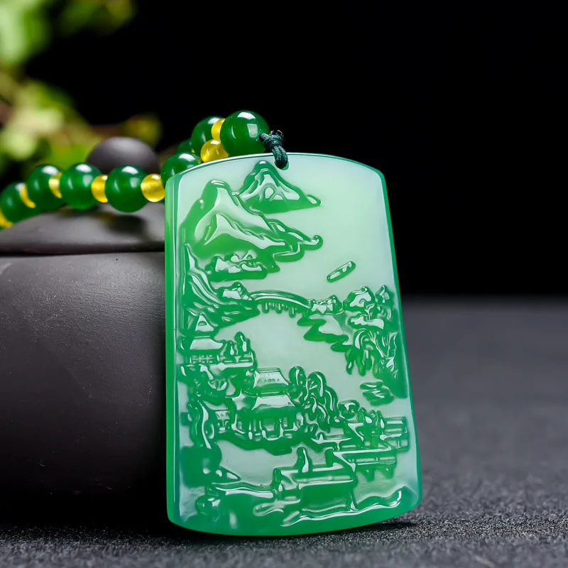 Natural Agate Carved Green Chalcedony Landscape Brand Pendant Men's and Women's Popular Versatile Pendant