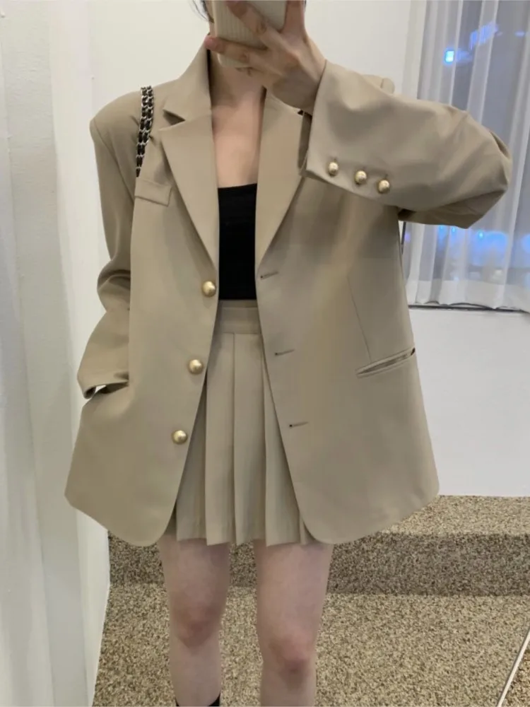 

Fashion Korean Women Elegant Casual Skirts Suit Vintage Solid Chic Jacket Coat Pleated Saya Two Pieces Set Female Clothes Outfit