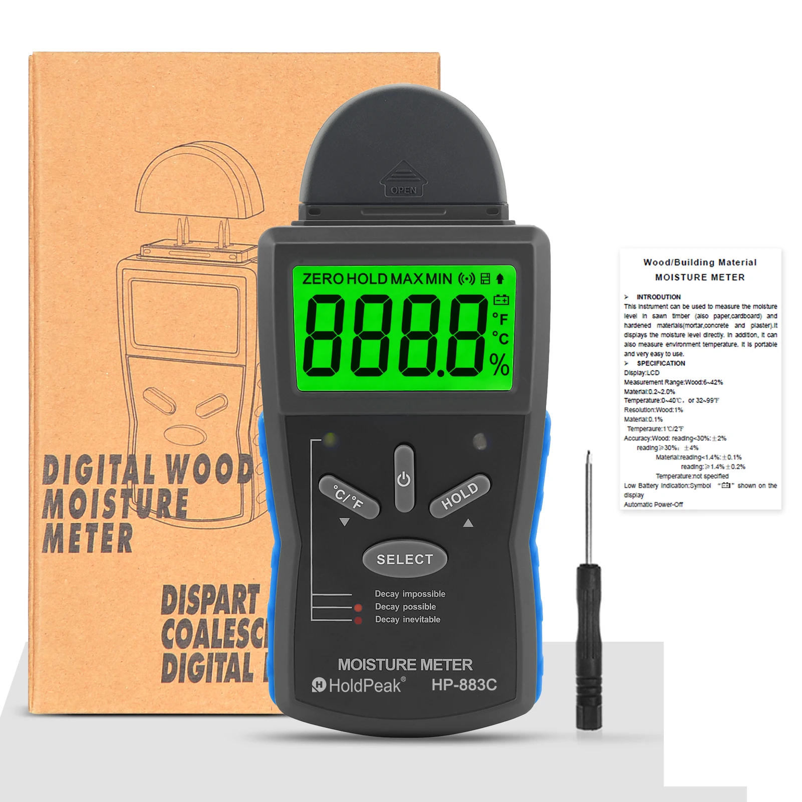 HP-883C Wood & Building Material Moisture Meter Digital Pin-Type Moisture Meter for Wood, Concrete & Wall with LED Alert & Data