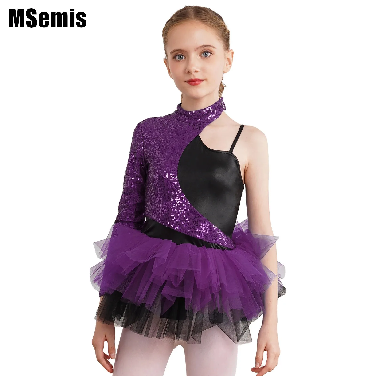 

Kids Girls Shiny Sequin Tulle Dance Dress Asymmetrical Sleeves Contrast Skirt Leotard Dress Dance Costumes