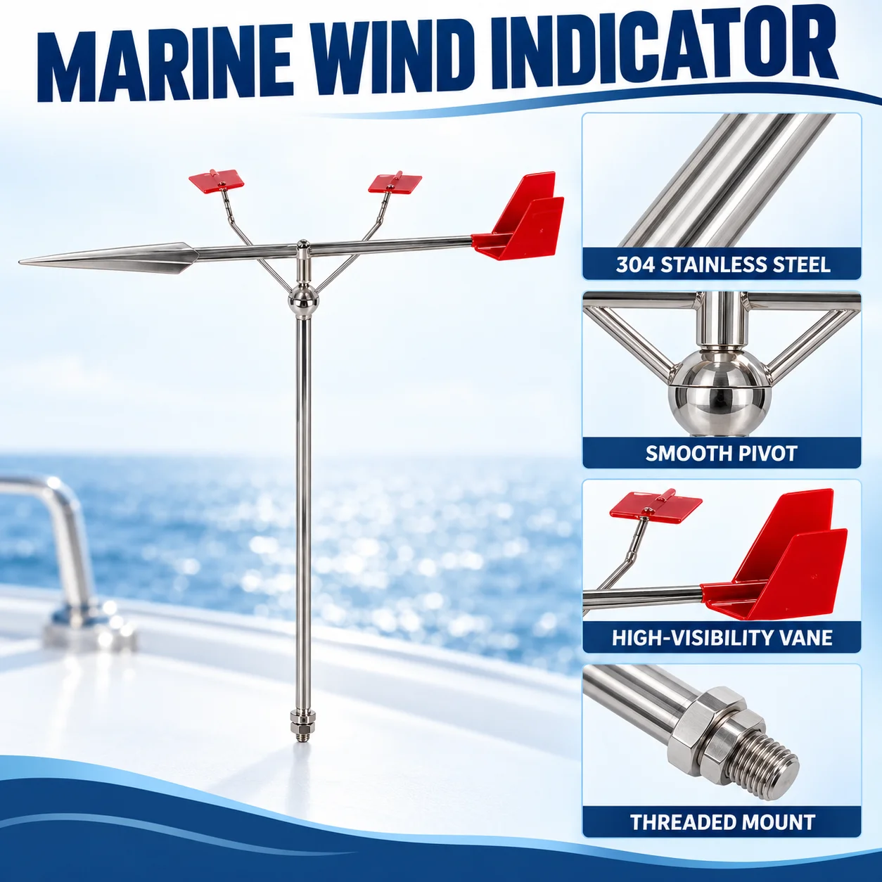 Marine Wind Vane in 304 Stainless Steel for Reading Airflow Direction during Navigation on Sailboats Yachts and Other Vessels