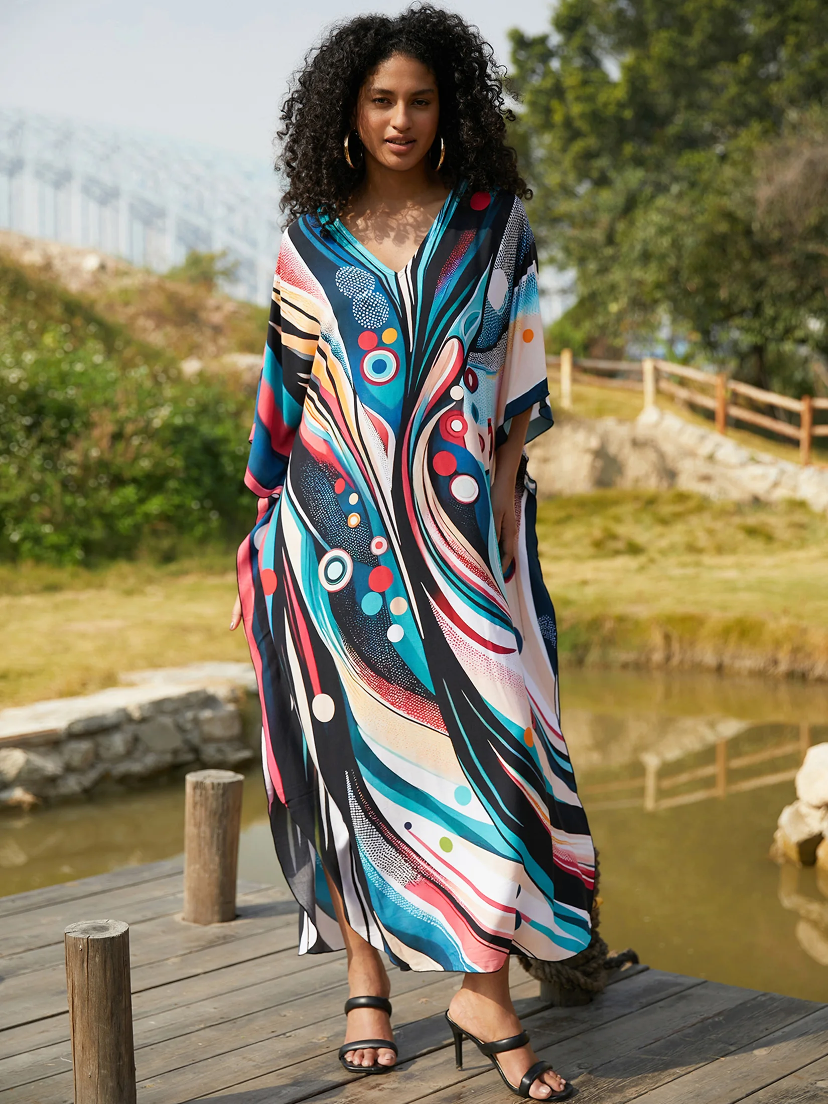 2024 Green Printed Summe Beach Dress For Women Clothing Bohemian V Neck Batwing Sleeve Kaftan Vacation Moo Moo Dreses Q1638