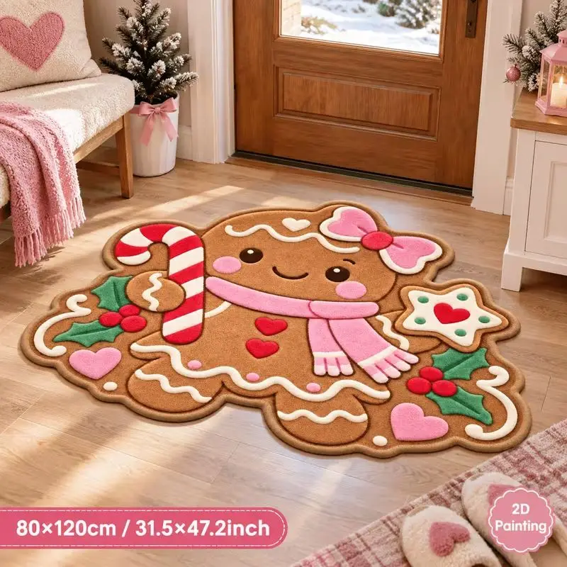 VIKAMA Cute Christmas Snowman Gingerbread Bath Mat Pink Cloud Shape Floor Rug for Bathroom Winter Holiday Cozy Home Decor