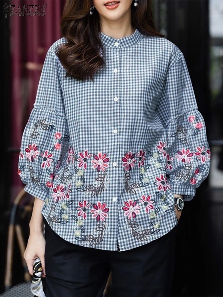 เสื้อเชิ้ตแฟชั่นลายสก็อต ZANZEA เสื้อผู้หญิงแขนทรงโคมพิมพ์ลายดอกไม้ เสื้อผ้าสไตล์วินเทจลำลองสำหรับฤดูใบไม้ร่วงปี 2025 เสื้อคอตั้งสำหรับใส่ทำงาน