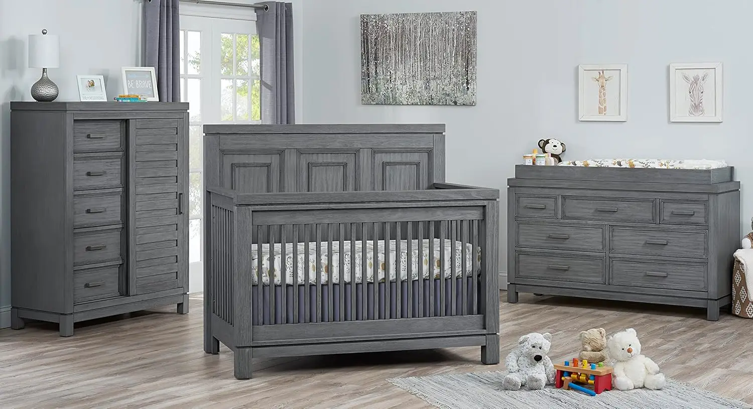 

Made from solid woods and wood veneers，4-in-1 Convertible Crib, Flat-Top Headboard, Rustic Gray