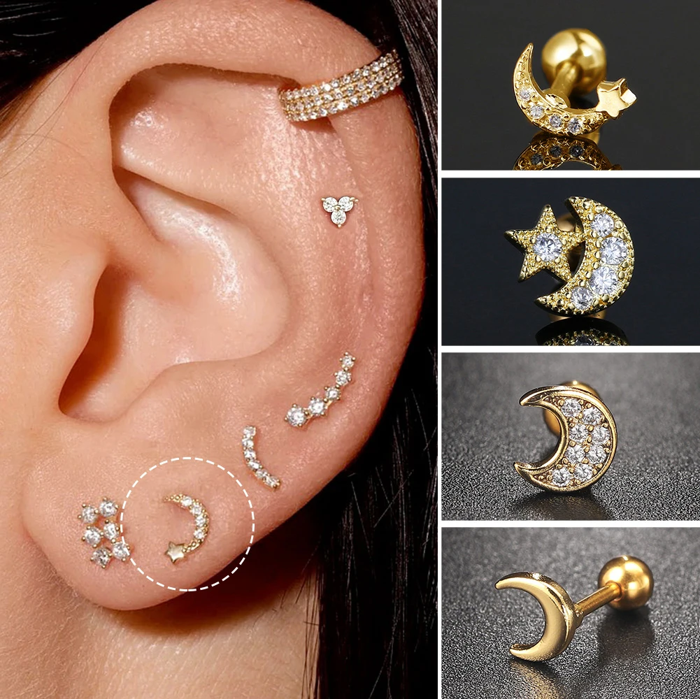 1PC Dainty CZ Moon Piercing Y2k Ear Tragus Helix Daith Stud Earring for Women Female Snug Lobe Earring Stainless Steel Jewelry