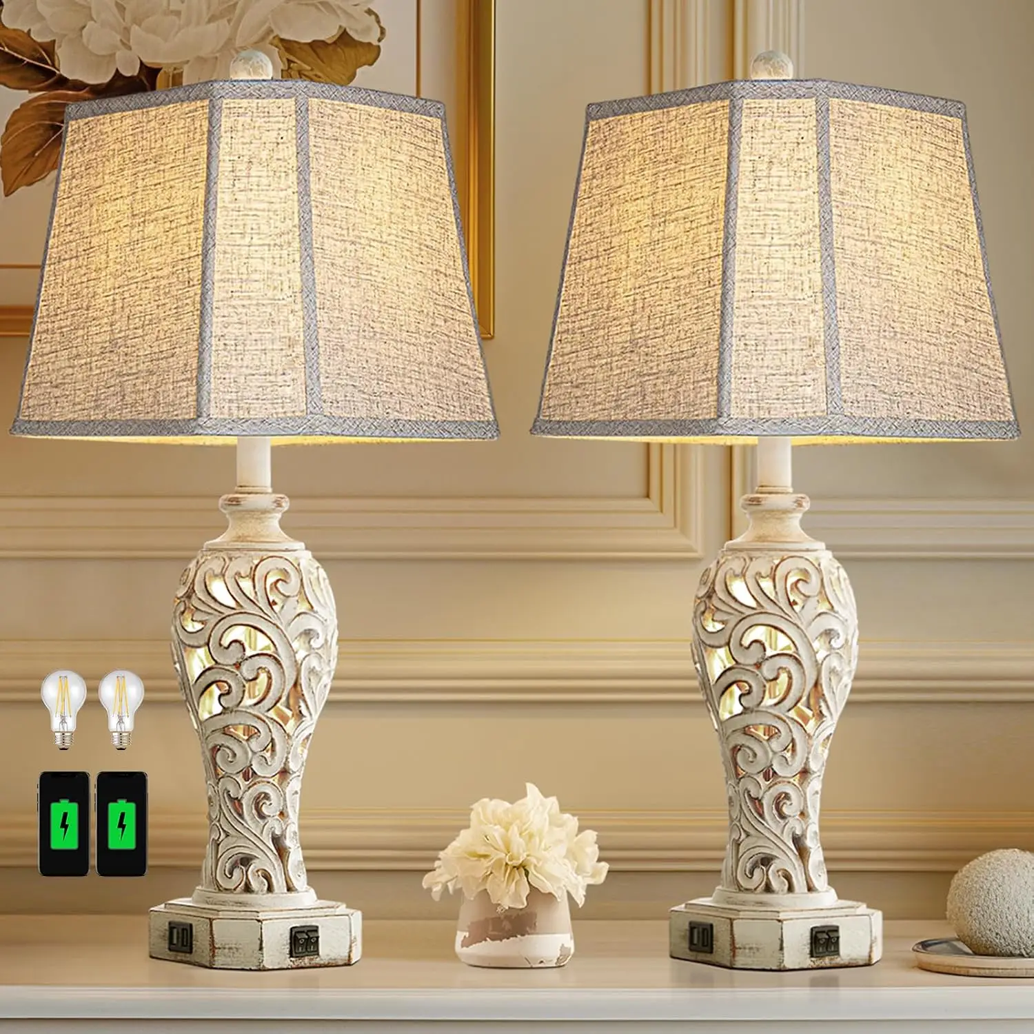Rustic Table Lamps Set For Living Bedroom Farmhouse Vintage Nightstand Lamp With Usb Ports Hollow Out Resin Lamp Bulbs Included