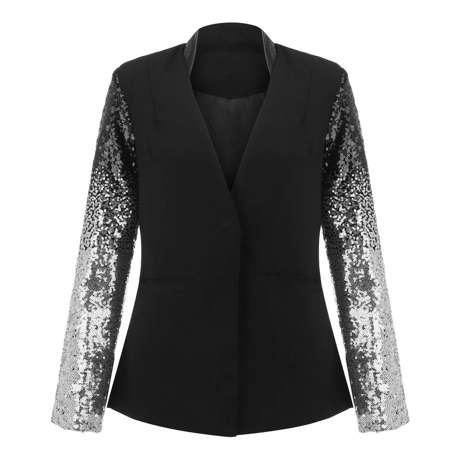 Fashion Women Black Blazer Silver Gray Gradient Sequins Stitching Lapel Slim Gradient Sequin Patchwork Long Sleeve Jacket Party