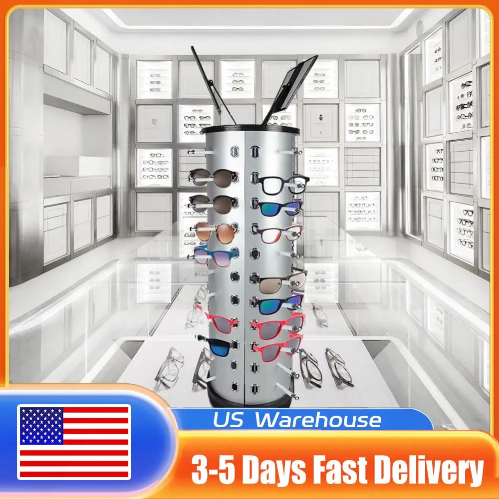 

Rotating Eyewear Collection with Mirror Sunglasses Carousel Rack 44 Pairs of Glasses Storage Freestanding Glasses Stand Holder