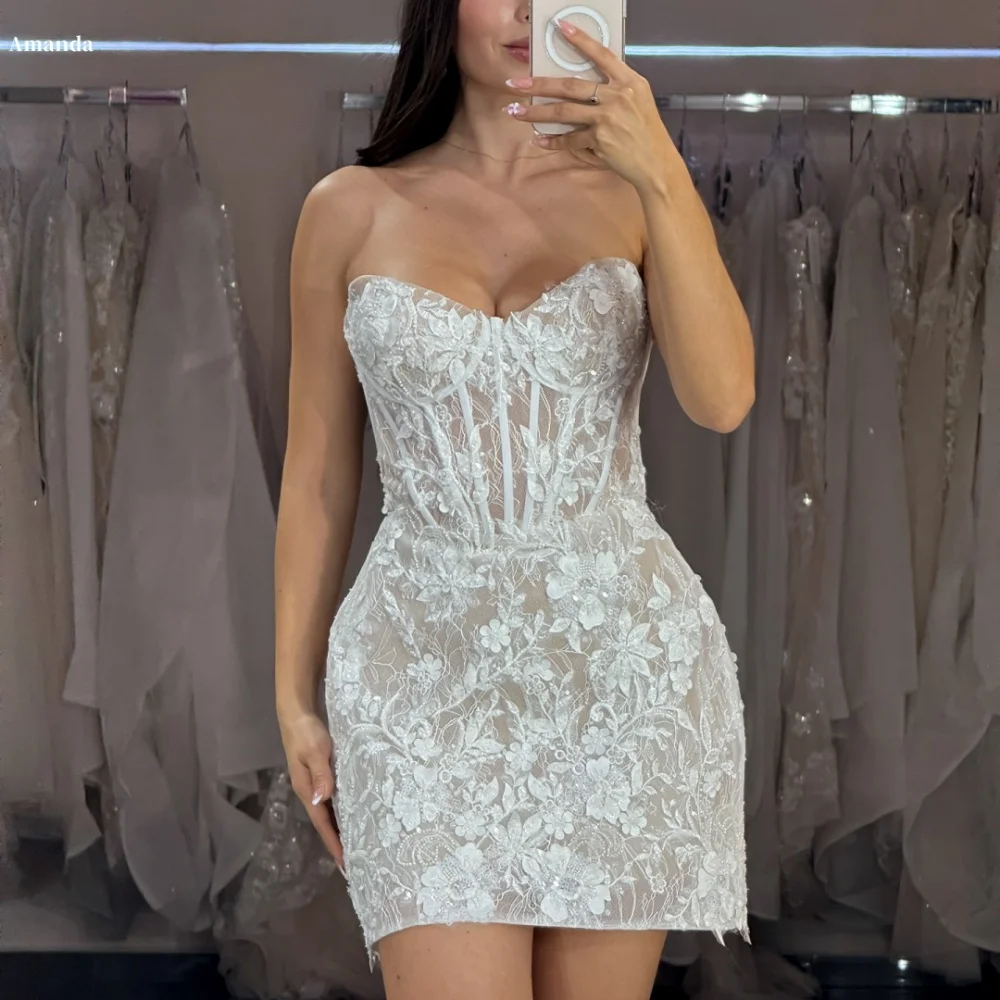 

Amanda Customized White Mini Skirt Flowers Lace Prom Dresses Strapless Sleeveless vestidos de noche Backless Formal Evening 2025