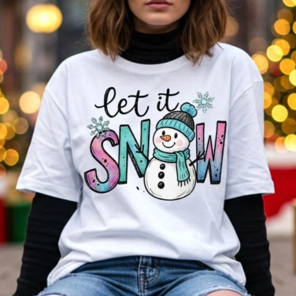 Let It Snow Tops Cute Snowman Winter Sublimation Design T Shirt Hand Drawn Christmas Snowflake Tops for Holiday Shirts