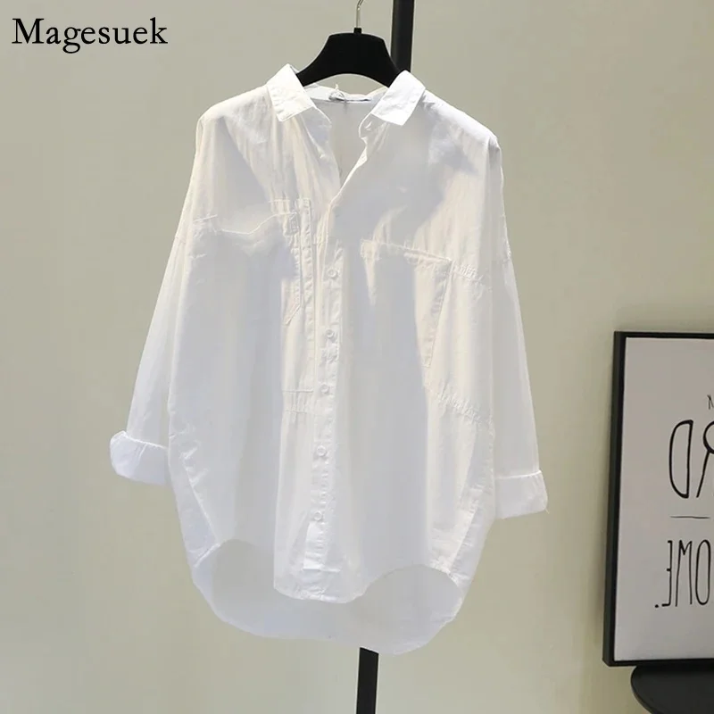 Casual Button Cotton White Koszula damska Wiosna Długi rękaw Solidne luźne bluzki Biuro Lady Eleganckie topy